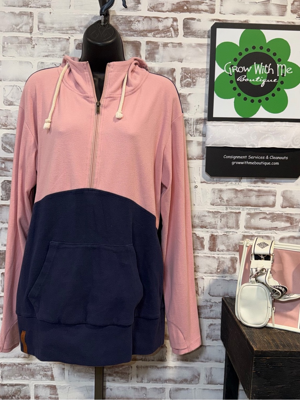 AMPERSAND AVE Pink and Navy Colorblock Half-Zip Hoodie Sweater